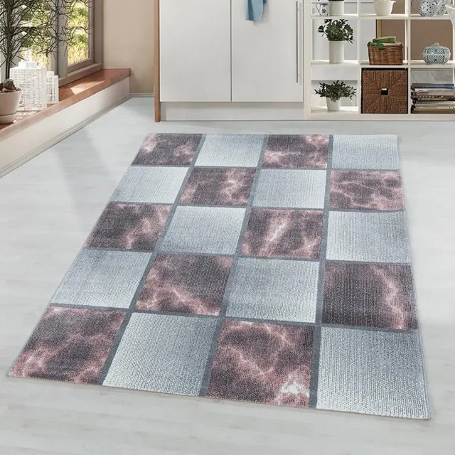 Adana Carpets Kortpolig vloerkleed, geruit patroon, roze, woonkamerkleed, jute achterkant
