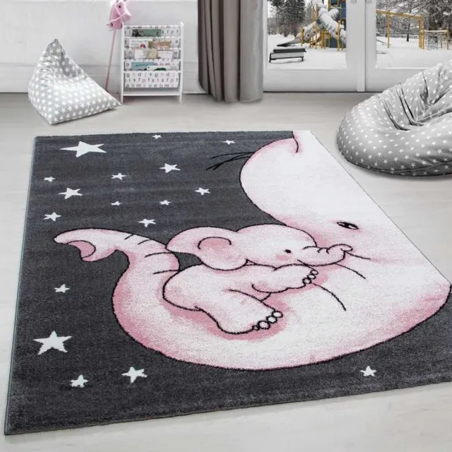 TapisTrend Kinderkleed Roze 120 cm rond Kinderkamerkleed met olifant en sterren