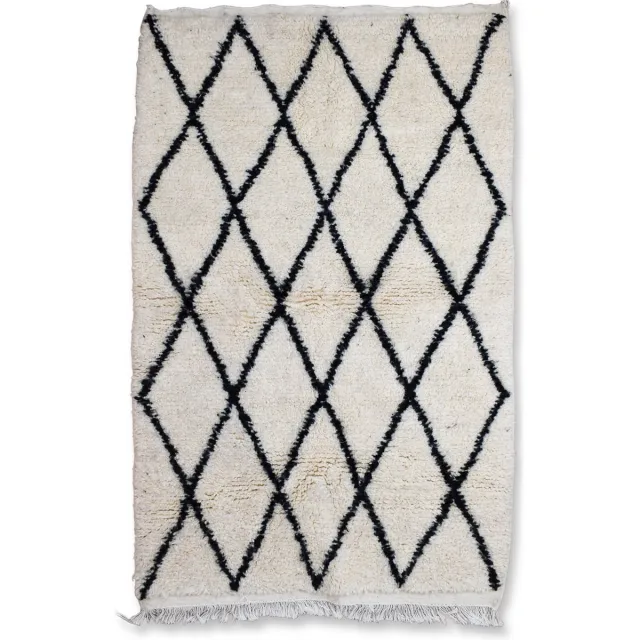 Poufs&Pillows Handgeweven Berber Tapijt ''Beni Ouarain'' - 150 x 100 cm - Uniek en handgemaakt - Hoogpolig vloerkleed – 100 % natuurlijk wol wit
