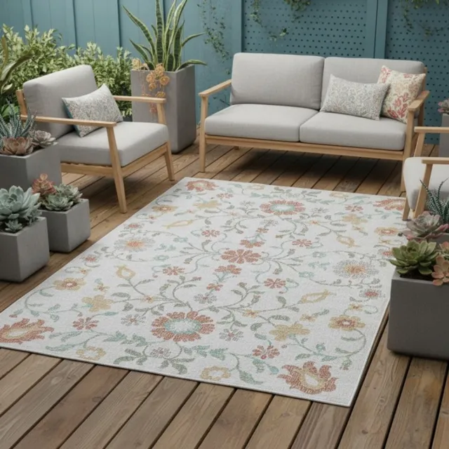TapisTrend Buiten- en terraskleden Crème 160x230 cm Crèmekleurig vintage vloerkleed met bloemenprint, geschikt voor binnen en, bijvoorbeeld in de woonkamer, op het terras Beige