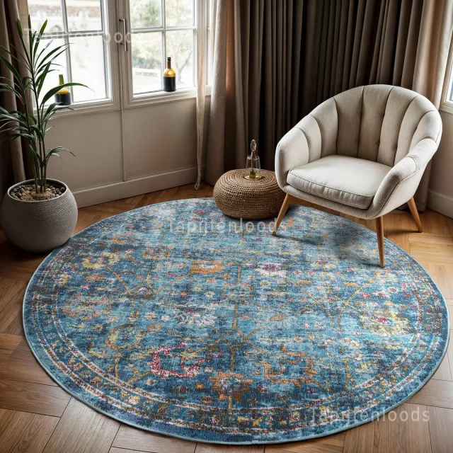 Muratap Picasso Sarough Vintage Rond Vloerkleed Blauw Laagpolig- 160 CM Ø Multikleur