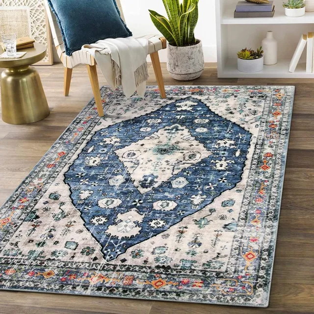 Famanu Vintage vloerkleden voor de woonkamer 90 x 150 cm, zachte vloerkleden voor de slaapkamer, antislip boho-tapijt, wasbare vloerkleden kortpolig, traditioneel woonkamertapijt, niet pluizend Blauw