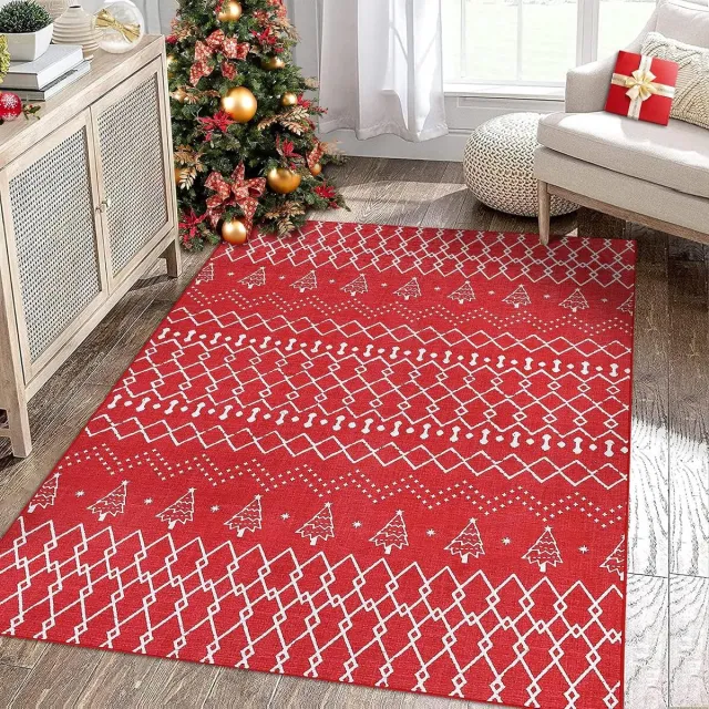 Triumpunpre Vloerkleed , Rood, Scandinavisch Kerstmotief, Antislip, Zachte Chenille, foto 2