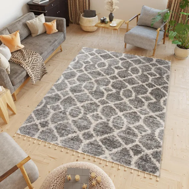 Tapiso Versay Fringes Vloerkleed Hoogpolig Woonkamer Tapijten Donkergrijs Creme2