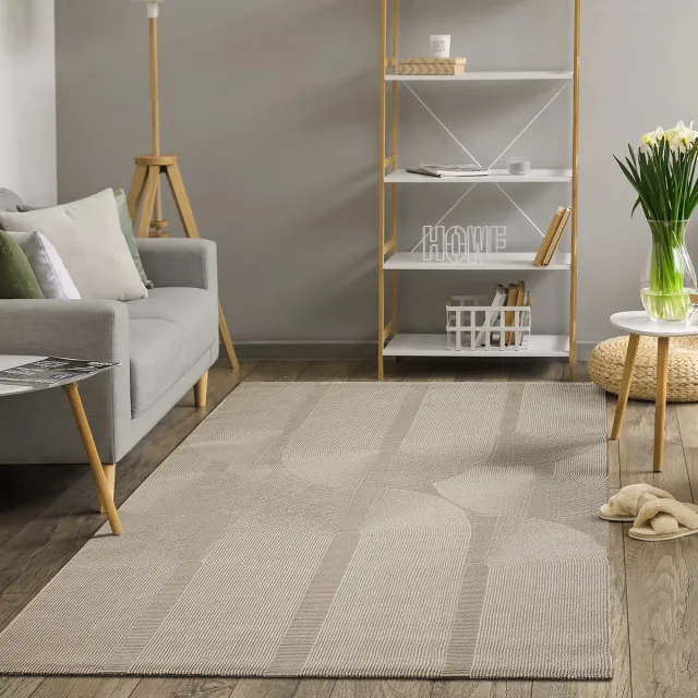 the carpet Lima – modern vloerkleed, duurzaam & onderhoudsvriendelijk, wasbaar, gerecycled polyester, 3D-patroon, beige, 80 x 300 cm beige met gebogen 3D-lijnen