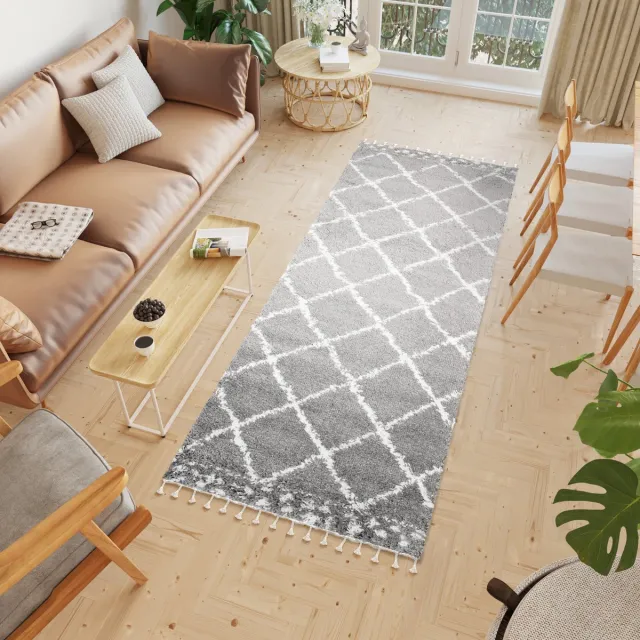 Tapiso Boho Loper Grijs Kwastjes Hoogpolig Modern Woonkamer Vloerkleed Grijs Creme 1