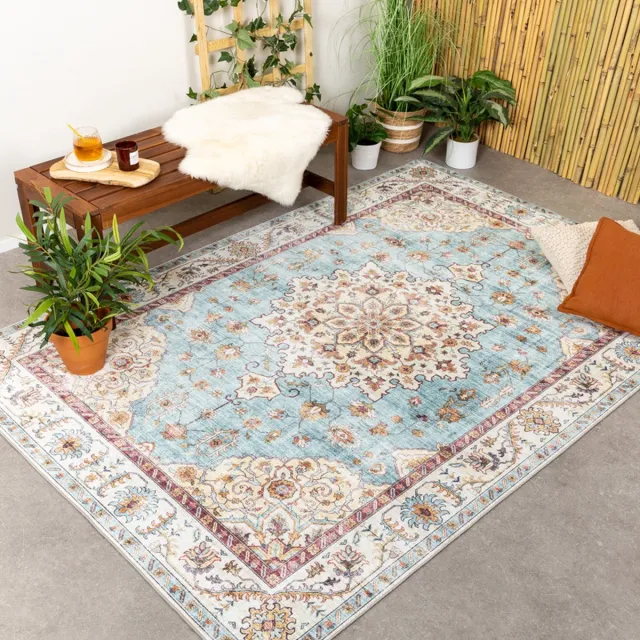Fraai Vintage buitenkleed - Santo Medaillon Lichtblauw - 120x170cm blauw