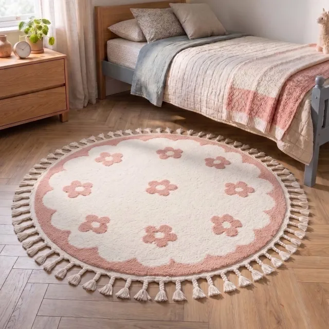Little Olly Rond wasbaar kindervloerkleed - Moos Flower Roze - Ø 230cm