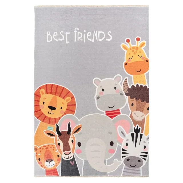 Padiro speels kindervloerkleed - lichtblauw - speels kindermotief - met dierenmotief ‘Best Friends’ - met franjes - van katoen en polyester