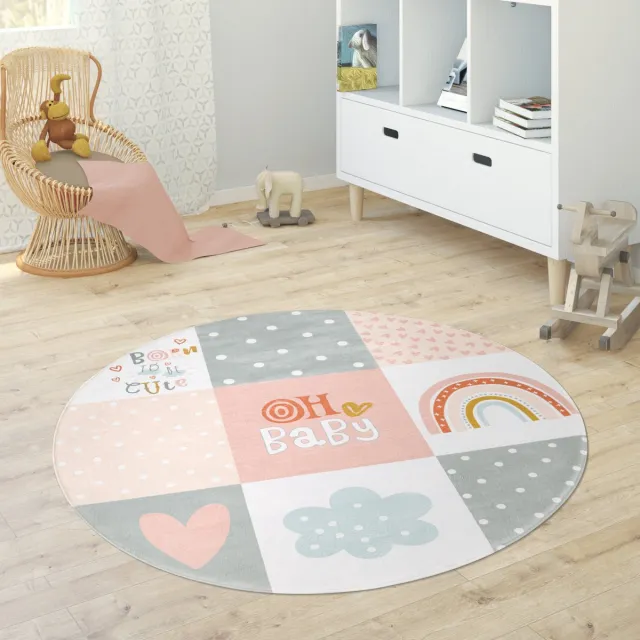 Paco Home Kindervloerkleed Kinderkamer Meisjes Jongens Ster Maan Olifant Regenboog Ø 120 cm Rund Roze