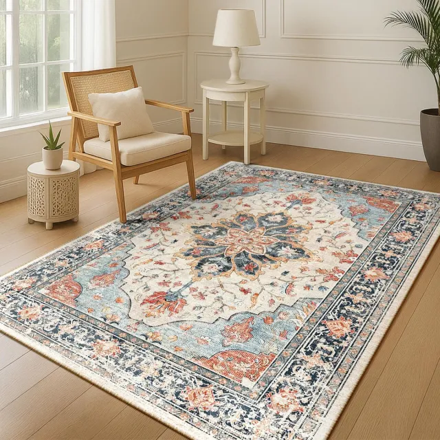 Famanu Machinewasbare tapijten 90x150 cm, vintage boho vloerkleed, laagpolig antislip tapijt met print patroon voor woonkamer, slaapkamer en kantoor, beige/blauw/oranje