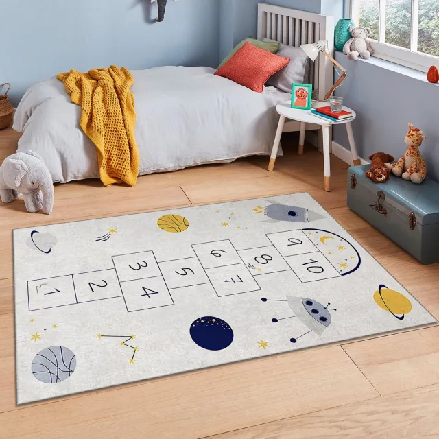 Zeo Wood Vloerkleed Kinderkamer - Speelkleed Baby - Speelmat - Speeltapijt - Tapijt voor Kinderkamer - 120*180 cm - Anti Slip - Machinewasbaar Wit – Planeten & Hinkelspel