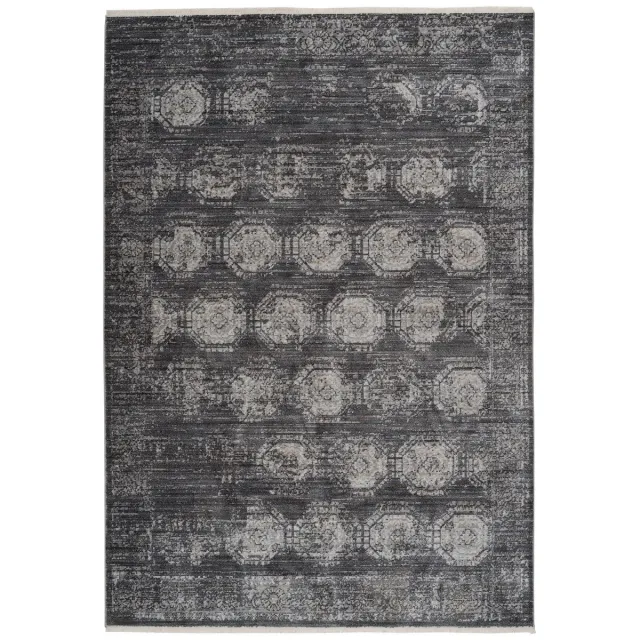 Padiro elegant laagpolig vloerkleed 120 x 170 cm - donkergrijs - oosters vintage patroon - met franjes - voor vloerverwarming - van polypropyleen en katoen