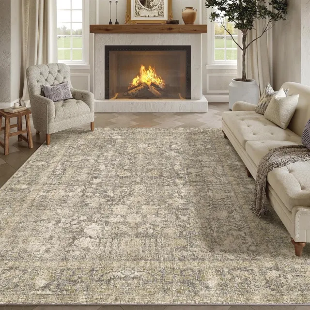 HUGEAR Groot Vintage Tapijt 240x300cm Bruin - Antislip en Machinewasbaar voor Woonkamer, Keuken en Buiten Accent | Bruin