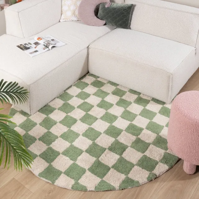 Fraai Rond retro vloerkleed - Gambit Groen/Wit - Ø 230cm