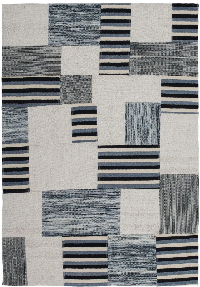 Padiro design laagpolig vloerkleed 160 x 230 cm - lichtgrijs - modern patchwork - met rechthoekige vlakken en streeppatroon - voor vloerverwarming - handgemaakt - van wol en katoen