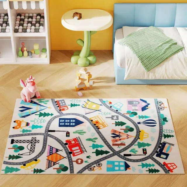 COVREO Kindervloerkleed 160x120 cm - multicolor autobaanpatroon, polyester fleece, antislip