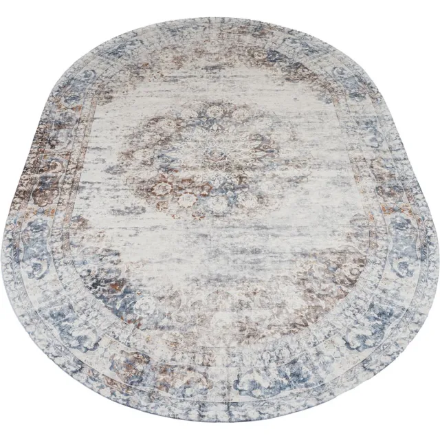 Veer Carpets Vloerkleed Viola Taupe - Vintage Design Ovaal Vloerkleed met Verweerd Patroon