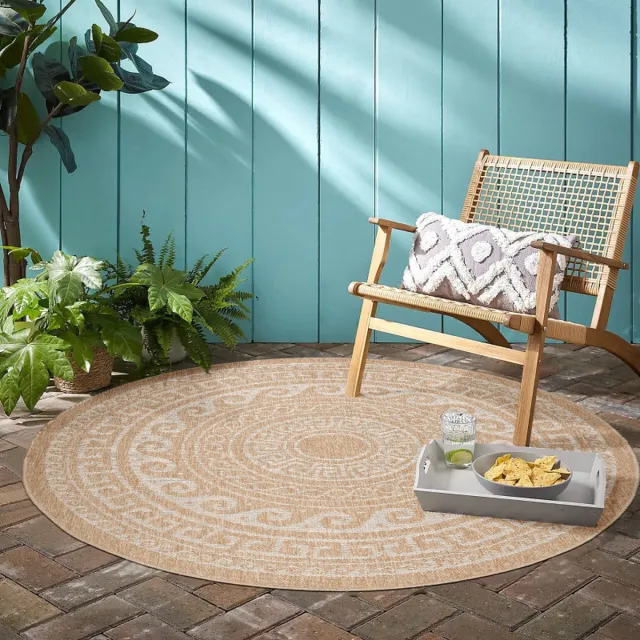 flycarpets Summit Rond Jute Look Buitenkleed - Beige / Creme - Buiten Vloerkleed - Laagpolig Tuintapijt / Buitentapijt - 160 cm
