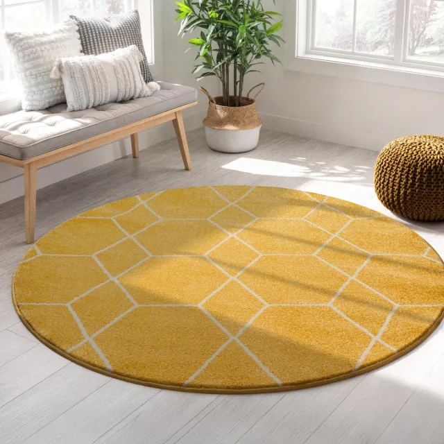 Muratap Trellis Uni Rond Laagpolig Vloerkleed Geel- 120 CM Ø