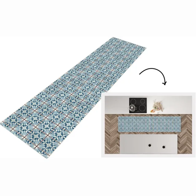 KitchenYeah Keukenloper - Loper keuken - Blauw - Patronen - Tegels - 240x60 cm - Keukenloper vinyl Multicolor