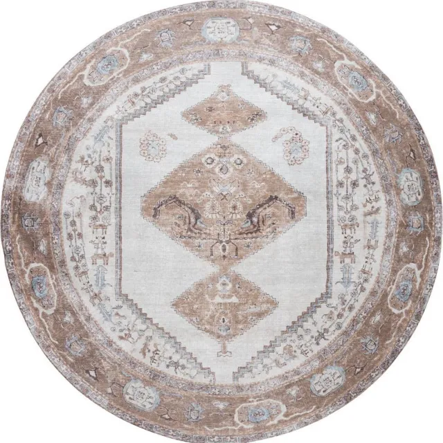 Veer Carpets Vloerkleed Karaca Brown 08 Rond ø120 cm - Laagpolig Vloerkleed – Vintage / Klassiek Design Bruin