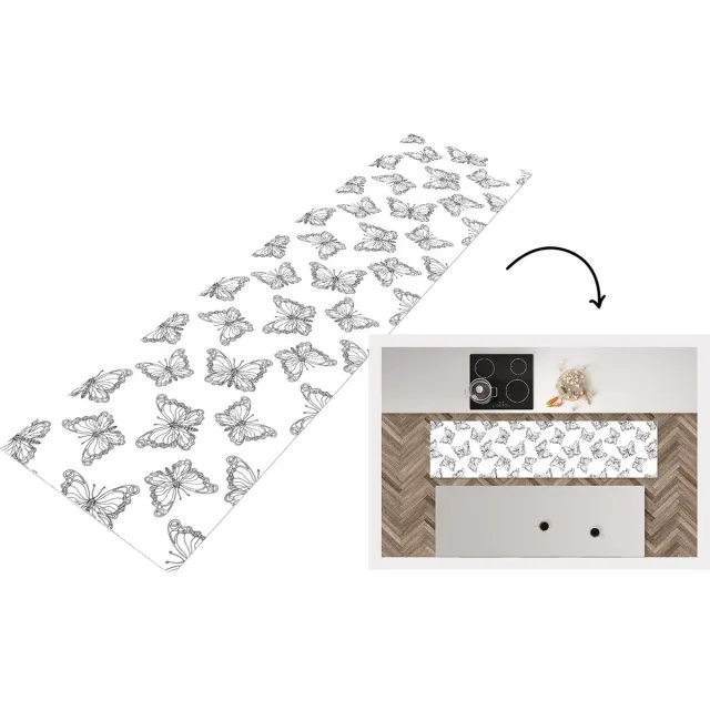 KitchenYeah Keukenloper - Loper keuken - Vlinders - Patronen - Zwart Wit - 240x60 cm - Keukenloper vinyl Zwart; Wit