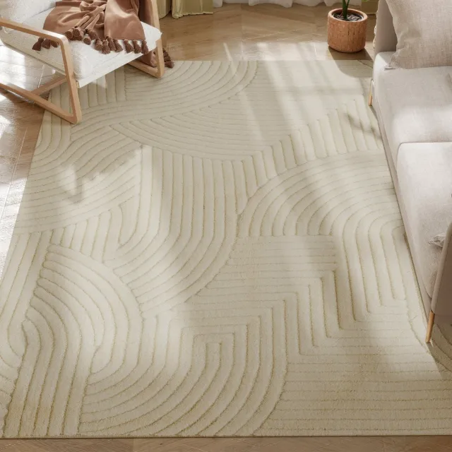 TEKROA Vloerkleed - Carpet - Zacht Hoogpolig Tapijt - Geometrisch Jacquard Woonkamerkleed - Antislip - 230 x 160 cm - Crème