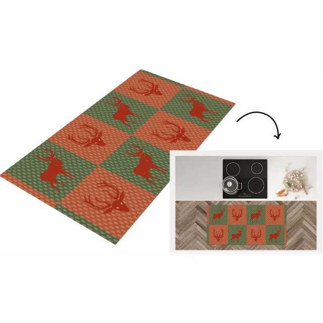 KitchenYeah Keukenloper - Loper keuken - Patroon - Hert - Groen - Rood - 120x60 cm - Keukenloper vinyl Multicolor