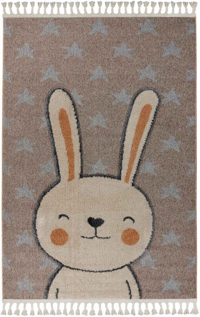 Padiro speels kindervloerkleed 120 x 170 cm - donkerbeige - speels kindermotief - met hazenmotief - van polypropyleen