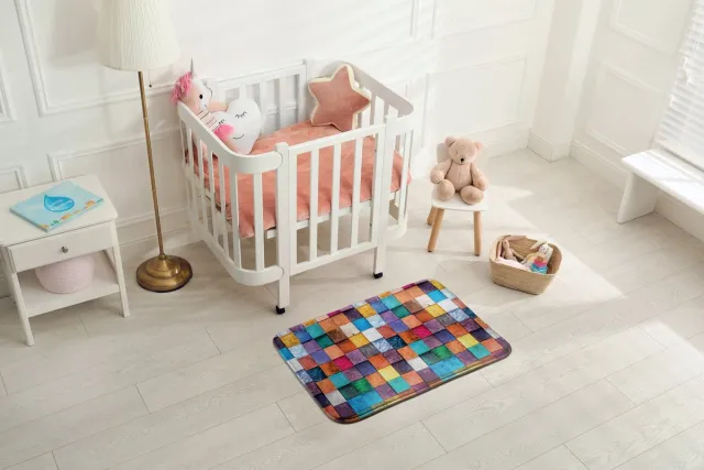 Coloray Vloerkleed voor Kinderkamer - Blauw Tapijt Voor Kinderkamer - Kleurrijke Houten Kubussen Vloerkleed - Oranje Accenten Vloer Tapijt - Antislip Vloerkleed Voor Slaapkamer - 90x60 cm Blauw - Kleurrijke Houten Kubussen