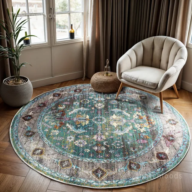 Muratap Picasso Pablo Vintage Rond Vloerkleed Groen / Multi Laagpolig- 200 CM Ø Multikleur