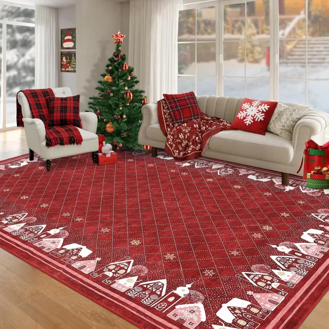 Triumpunpre Kerst Vloerkleed 120x170 cm - Groot Kersttapijt Sneeuwhuis en Sterrenhemel Rood - Zacht Wasbaar voor de Woonkamer