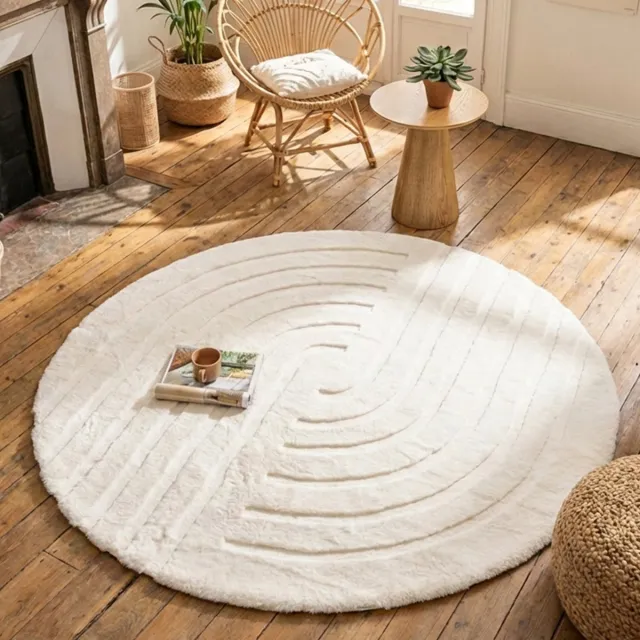 Fraai Rond hoogpolig vloerkleed - Carvy Curves Crème - Ø 120cm