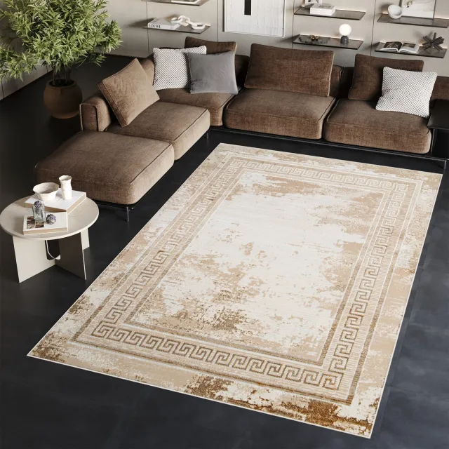 Tapiso Ares Vloerkleed Beige Bruin Laagpolig Woonkamer Frame Oriental Tapijt Maat- 200x300