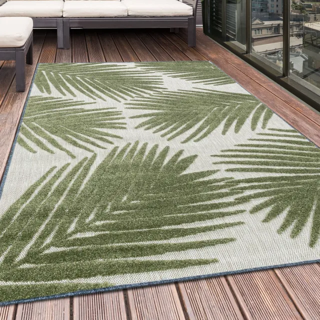 Tapijtenmagazijn Buitenkleed met palmboommotief, groene kleur, geschikt voor terras, balkon of keuken, met polypropyleen achterkant