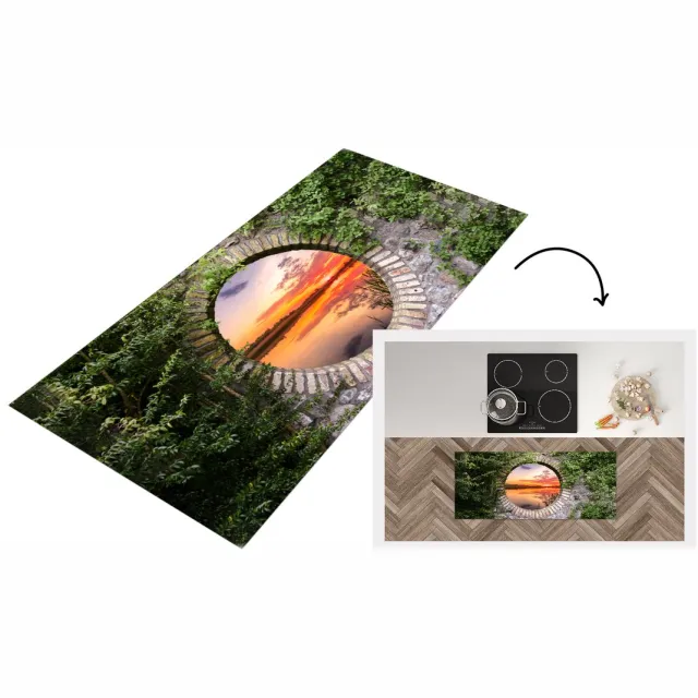 KitchenYeah Keukenloper - Loper keuken - Zee - Zonsondergang - Doorkijk - Keukenloper vinyl Multicolor