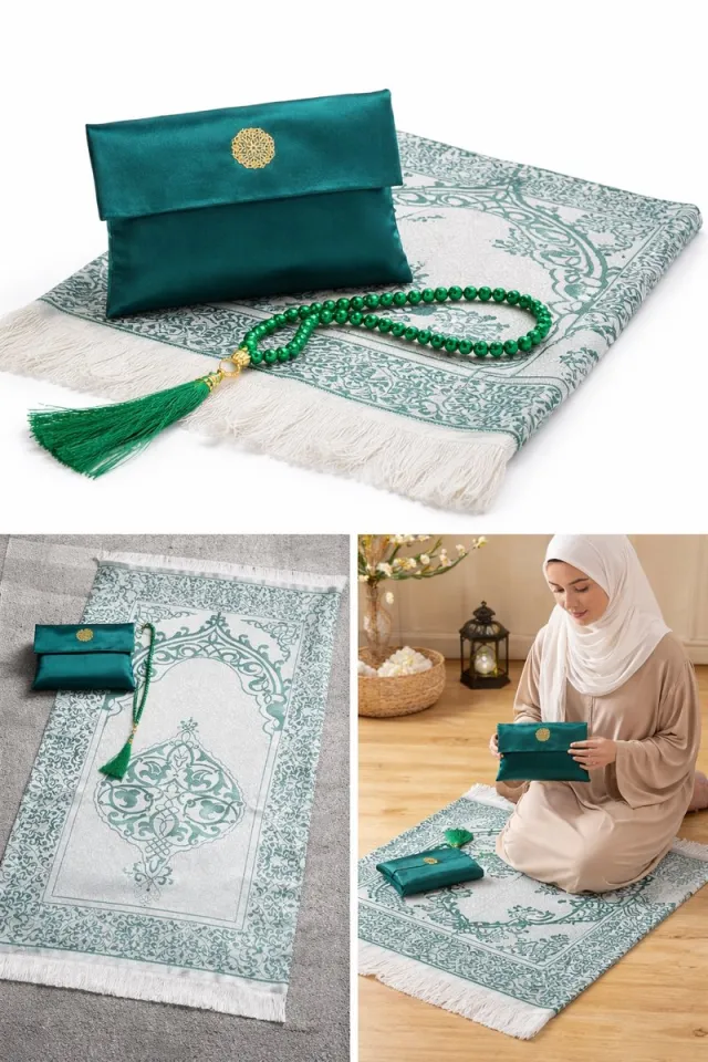 Islamic Gift Islamitische Cadeauset – Gebedskleed met Tasbih & Luxe Opbergtas – Ramadan & Eid Geschenk – Groen