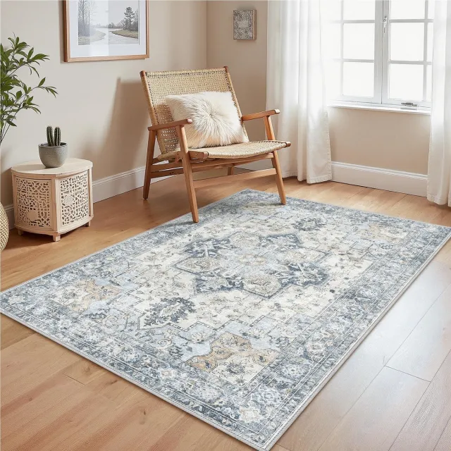 Famanu Machinewasbaar vintage tapijt voor woonkamer, met antislip achterkant, vloerkleed voor slaapkamer, eetkamer en hal, 120x170 cm, blauw