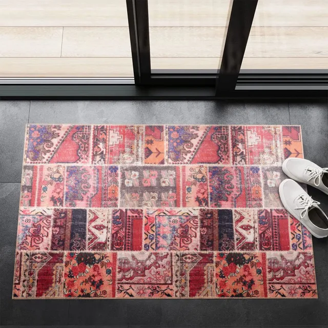 Netline Home Wasbaar - Antislip Deurmat voor badkamer, entree - Binnendeurmat - Moderne Patchwork Design Deurmat - Gemakkelijk schoon te maken - Laagpolig (60x90) rood