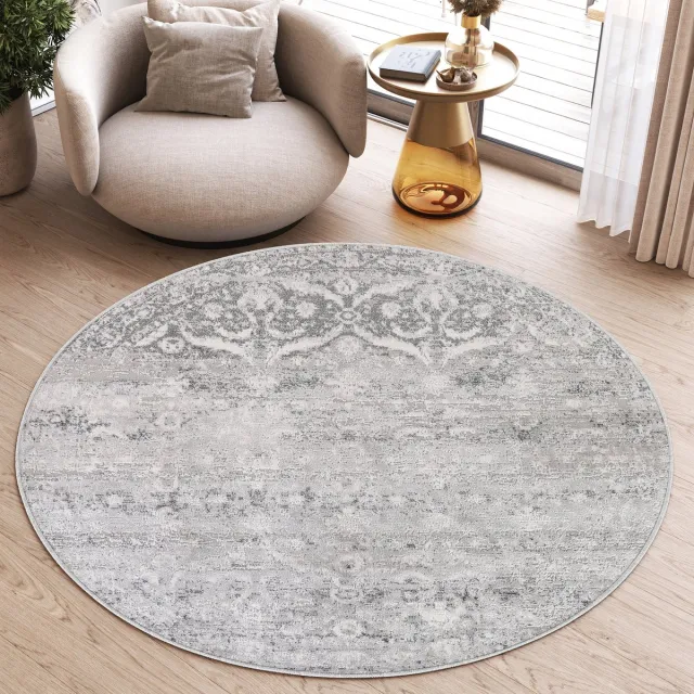 Tapiso Sky Rond Vloerkleed Hoogpolig Grijs Kleed Woonkamer Tapijt Lichtgrijs Gebloemd