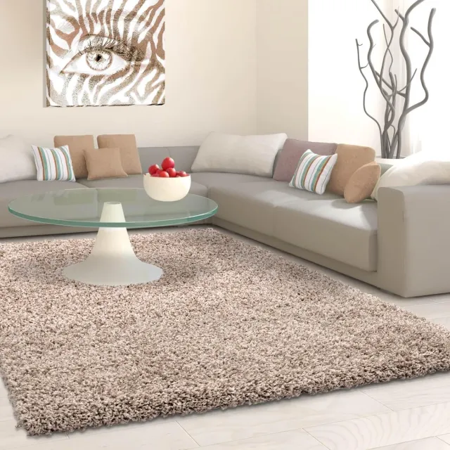 Ayyildiz Hoogpolig vloerkleed, effen kleur - beige, vloerkleed voor de woonkamer, jute achterkant, afmeting: 120 cm x 170 cm
