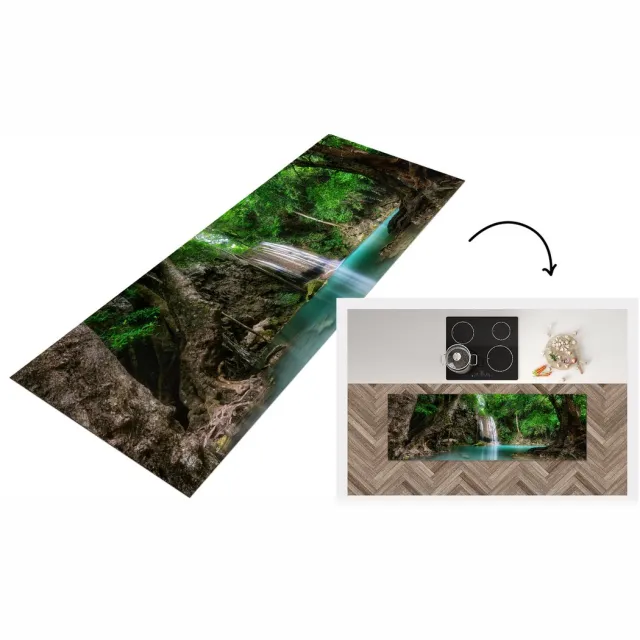 KitchenYeah Keukenloper - Loper keuken - Erawan Waterval in jungle Thailand foto - 150x50 cm - Keukenloper vinyl Multicolor
