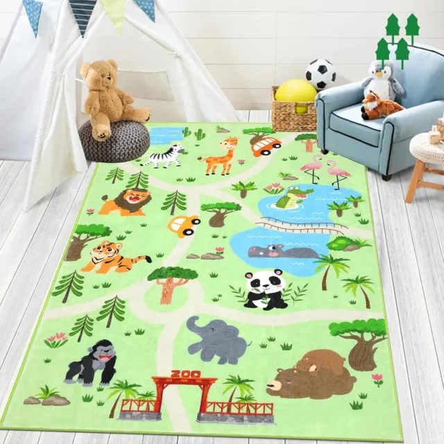 Enyhom 100 x 150 cm, dieren leren kindertapijt, grappige dierentuin weg kindertapijt, kleurrijk educatief tapijt voor speelkamer, klaslokaal Groen