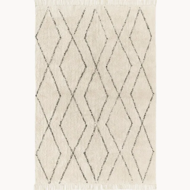 Westwing Collection Handgetuft katoenen vloerkleed Bina met ruitjesmotief en franjes Wit