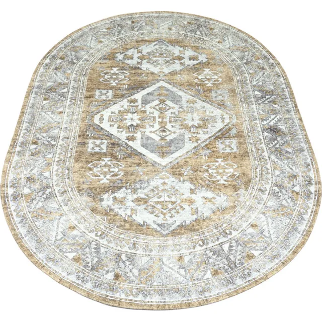 Veer Carpets Vloerkleed Laria Brown 5 - Vintage Design Ovaal Vloerkleed met Medaillon Patroon Beige