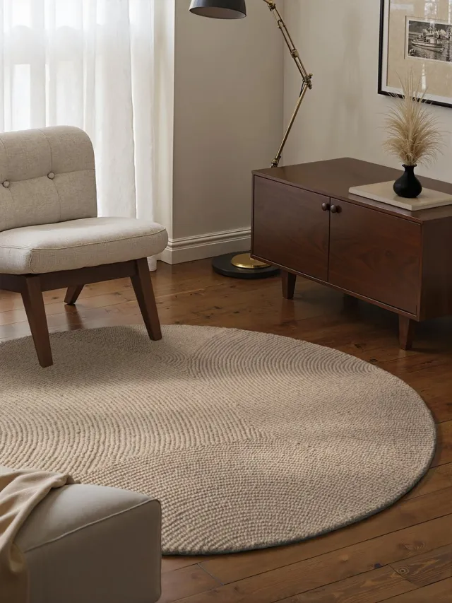 flycarpets Calmio Rond Wollen Vloerkleed Beige - Laagpolig - Japandi / Scandinavisch - Ø 120 cm rond