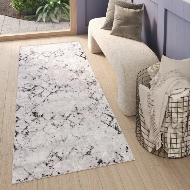 Tapiso Sky Vloerkleed Loper Grijs Geruit Vintage Woonkamer Tapijt Maat - 70x300 Lichtgrijs 2