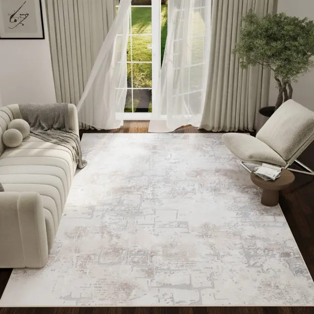 Tapiso ASH Vloerkleed Crème Abstract Vintage Design Laagpolig Tapijt Voor Woonkamer Slaapkamer en Hal Antislip - 200x300 Creme