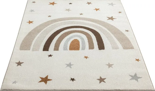 the carpet Beat Kids modern zacht kindertapijt, zachte pool, gemakkelijk te reinigen, kleurecht, regenboogmotief, crème met regenboog en sterren, 160 x 220 cm